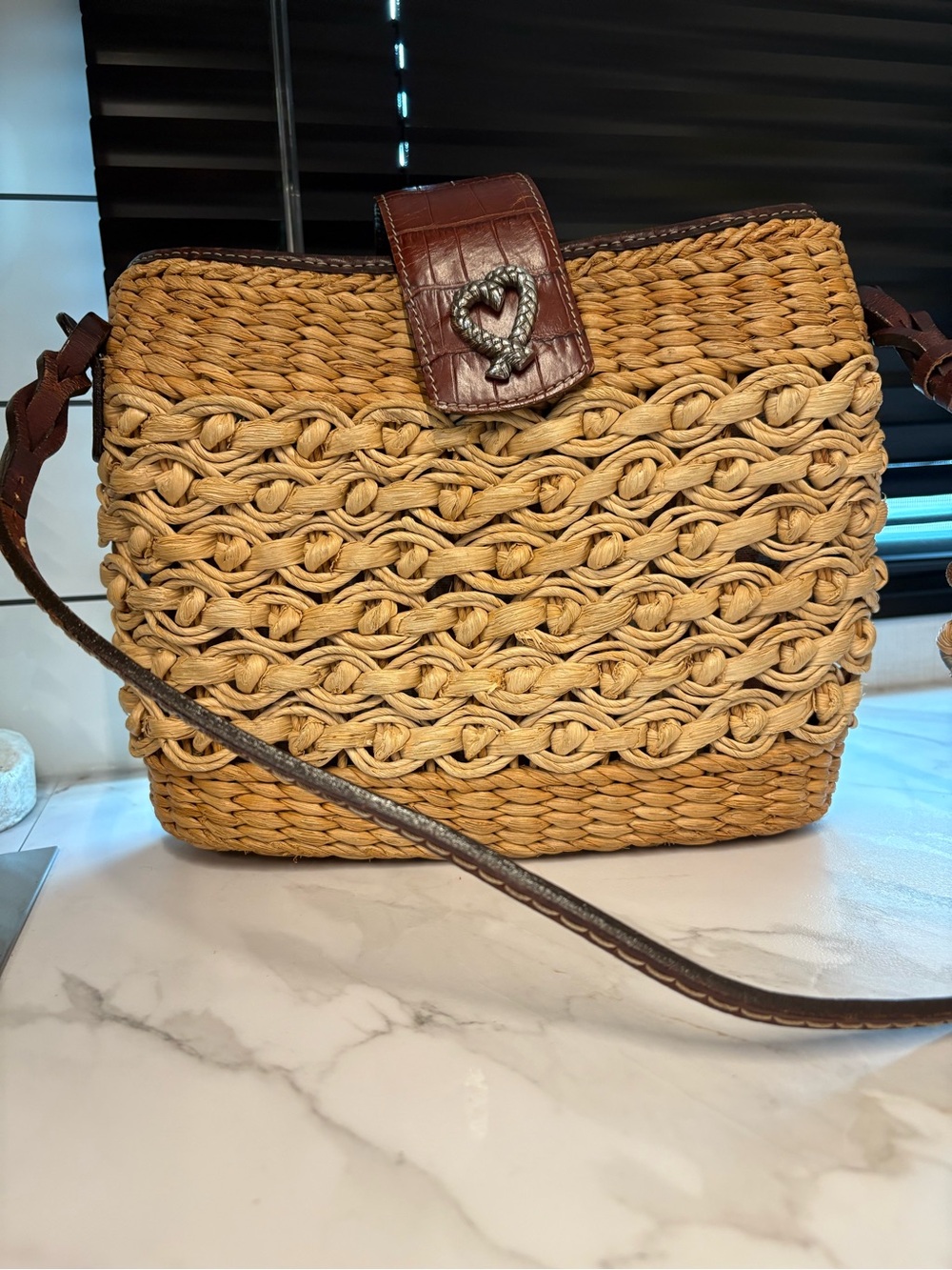 Brighton Woven Straw Crossbody with Brown Leather Trim and Heart Clasp